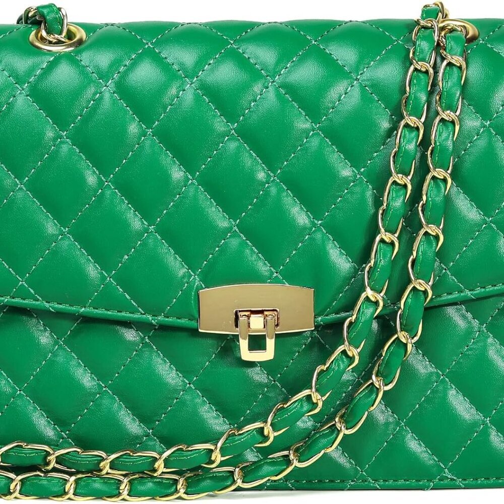 Elegant Green Vegan Leather Quilted Crossbody Bag for Women with Adjustable Chai